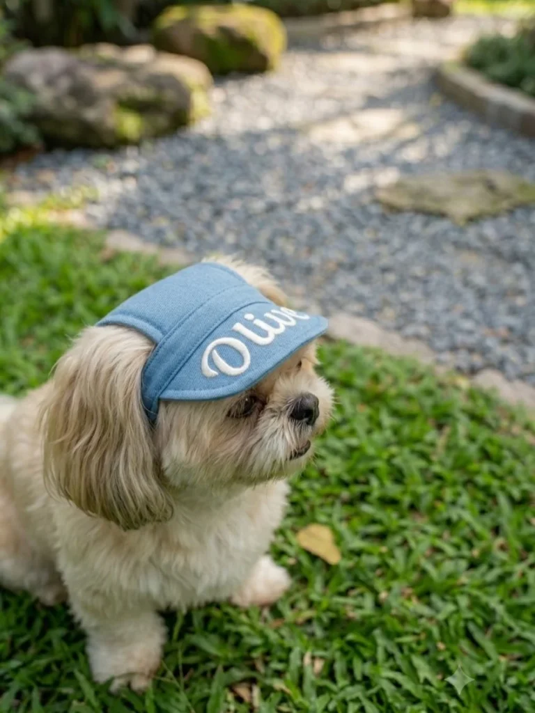 Shih Tzu wearing a personalized denim visor hat