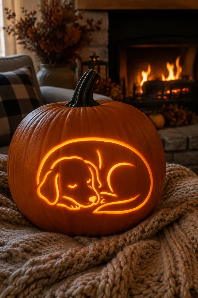 Sleeping dog outline carved pumpkin decoration