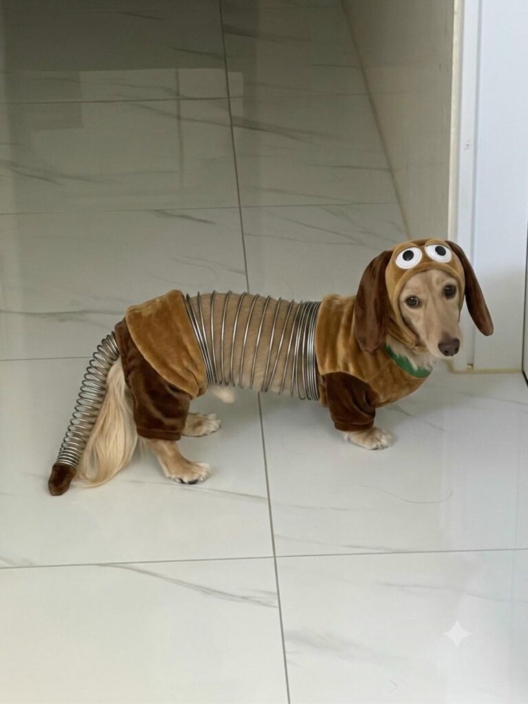 Slinky Dog Costume DIY with googly eye hood on dachshund