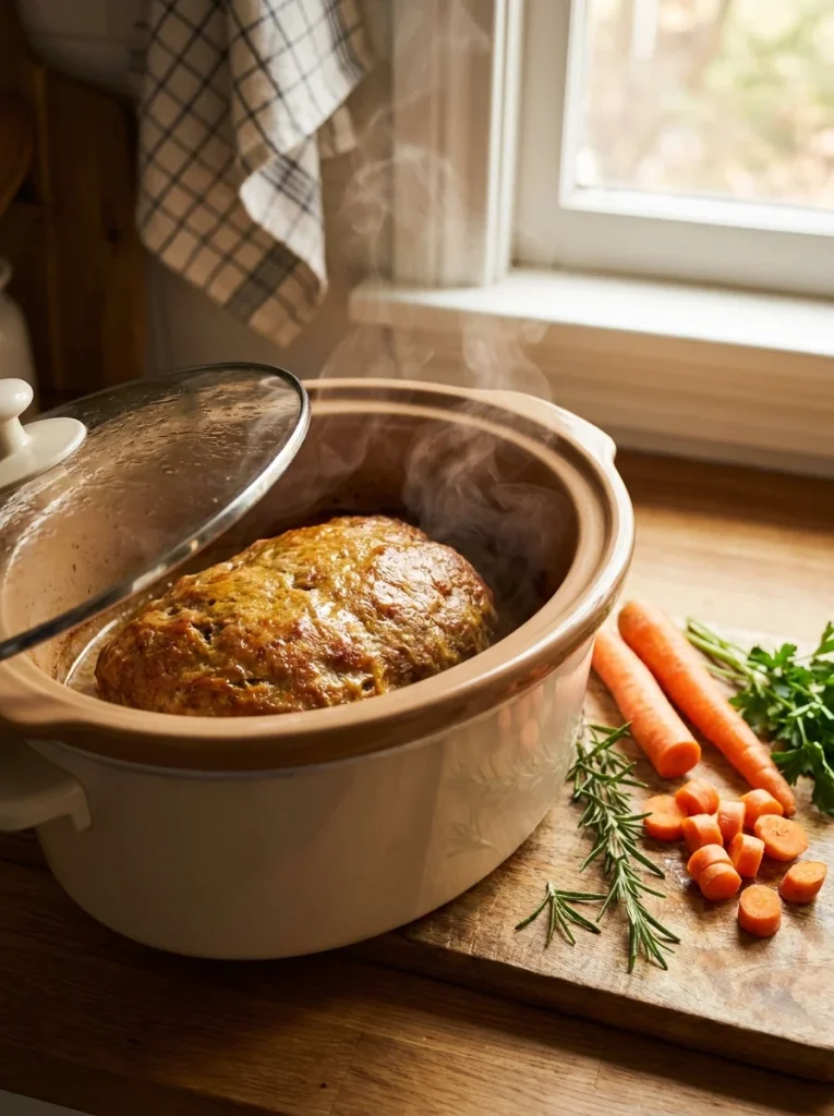 Slow cooker meatloaf for dogs recipe cooking on a countertop