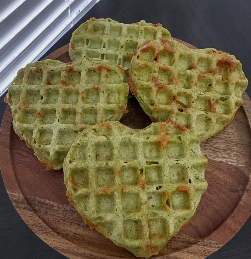Spinach and cheddar homemade dog waffles recipe in heart shape