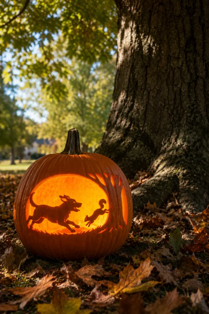 Squirrel chasing dog scene carved pumpkin