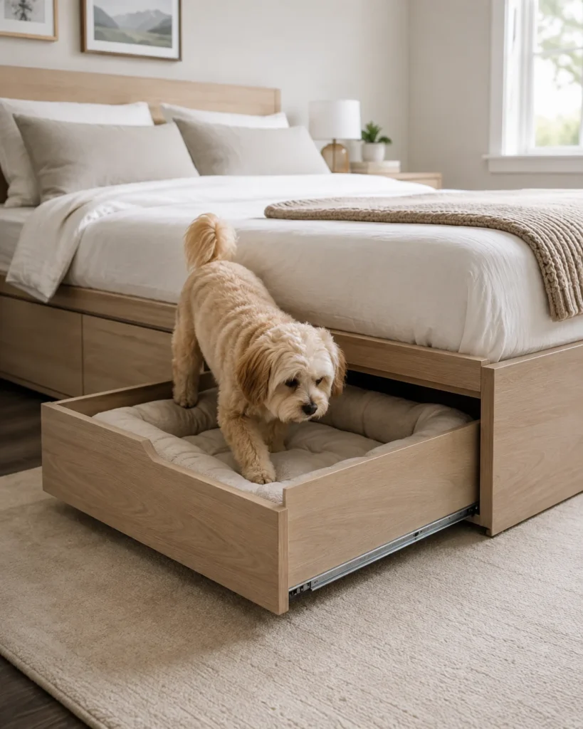 Storage bed with a pull-out dog bed drawer