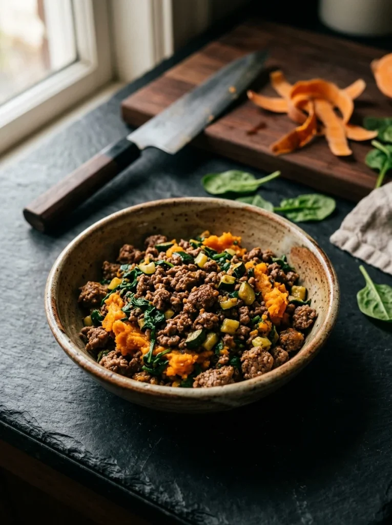 Homemade dog food for large dogs with beef and sweet potato