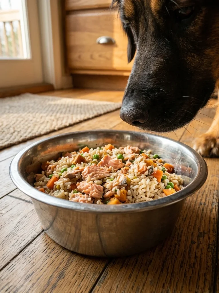 Homemade canned salmon dog food recipe finished dish