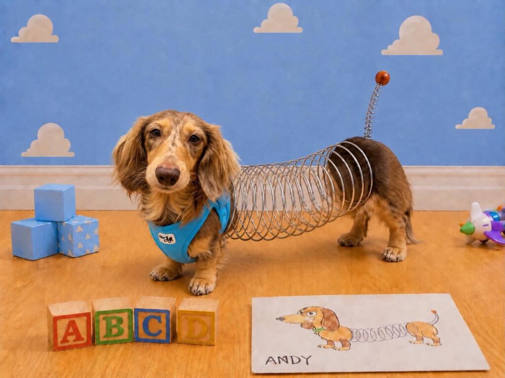 Toy Story themed Slinky Dog Costume DIY photoshoot setup