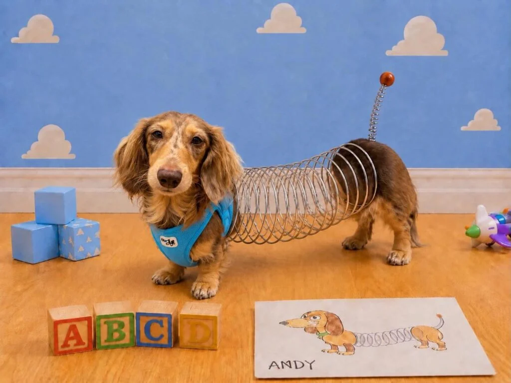 Toy Story themed Slinky Dog Costume DIY photoshoot setup