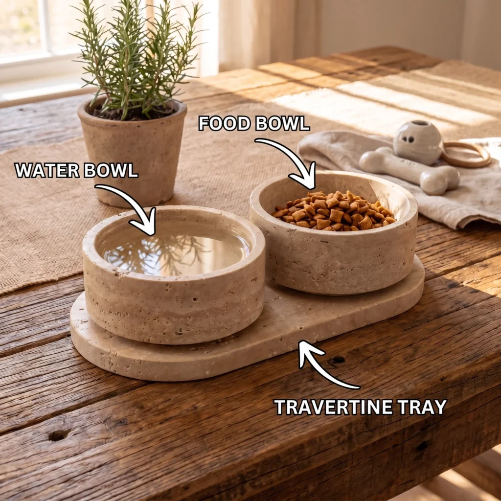 Travertine stone water and food bowl set for dogs on a tray