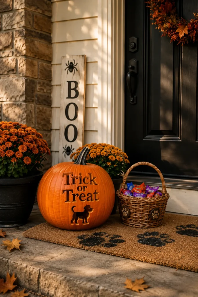 Trick or treat pumpkin with dog silhouette carving