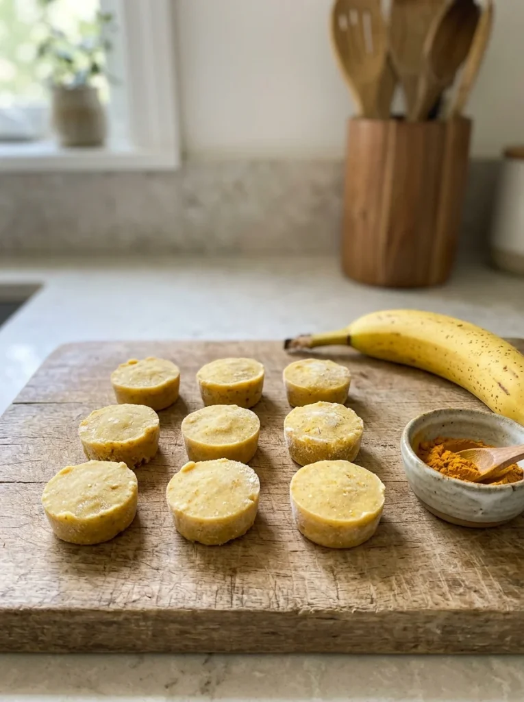 Turmeric dog treats recipes with banana on wooden board