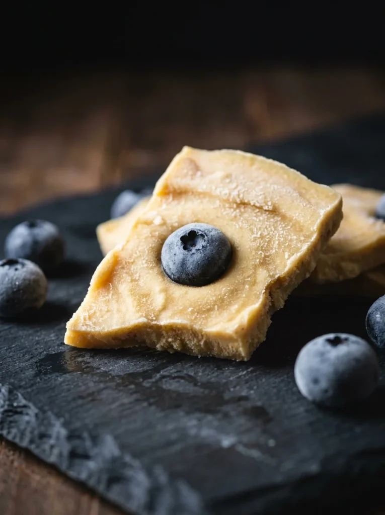 Turmeric dog treats homemade as bark with blueberries close up