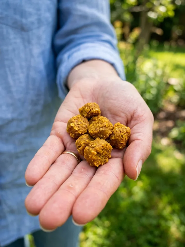 Small turmeric dog treats for training in owner hand