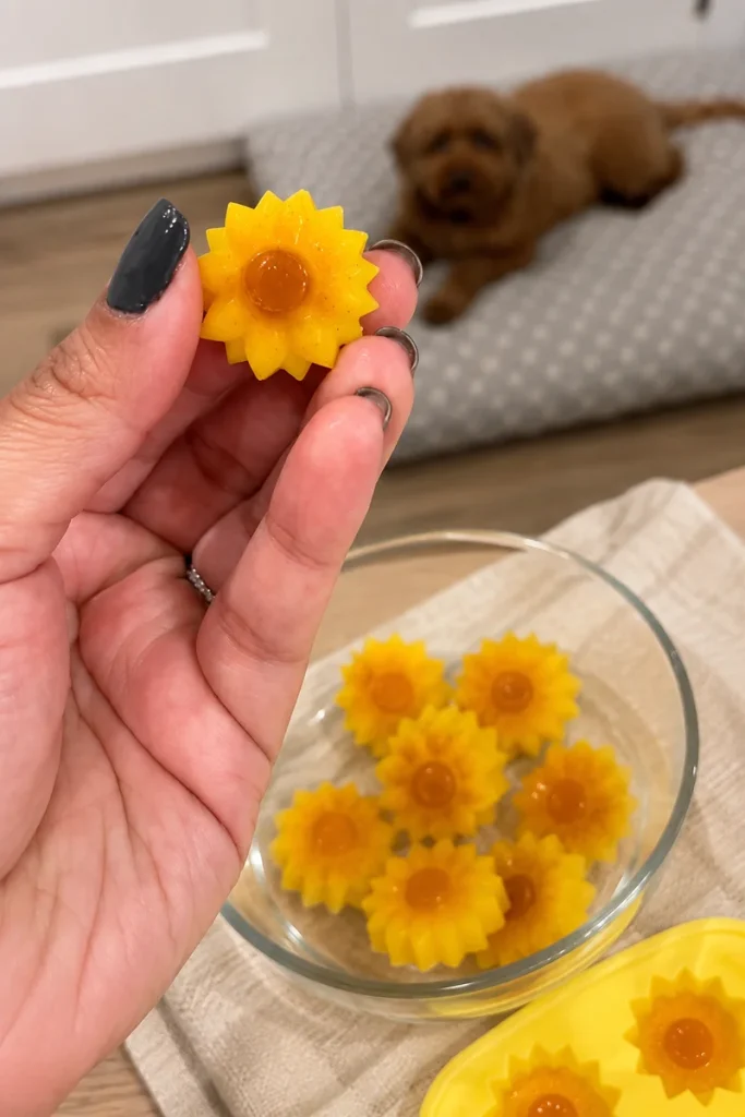 Turmeric dog treats homemade in a sunflower shaped mold