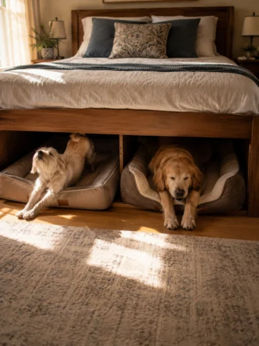Wooden bed with two dogs waking up in their own beds