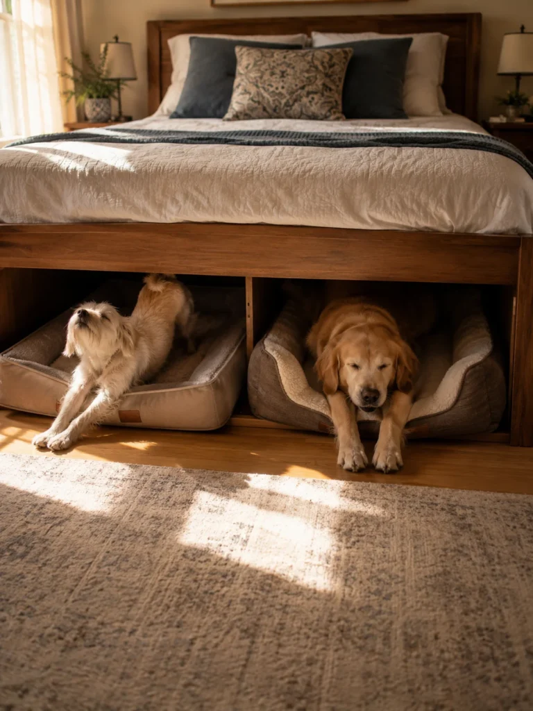 Wooden bed with two dogs waking up in their own beds