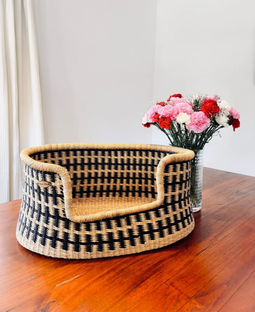 Crochet dog bed patterns in a woven basket style with geometric design