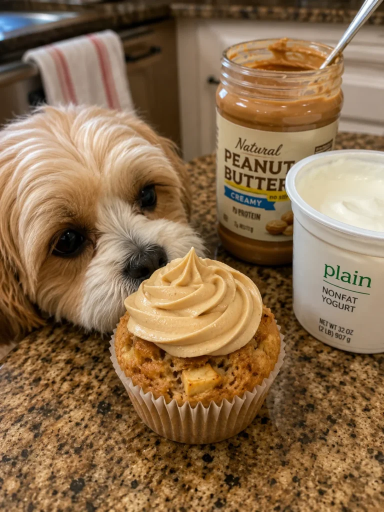 Yogurt and peanut butter frosting on a dog pupcake