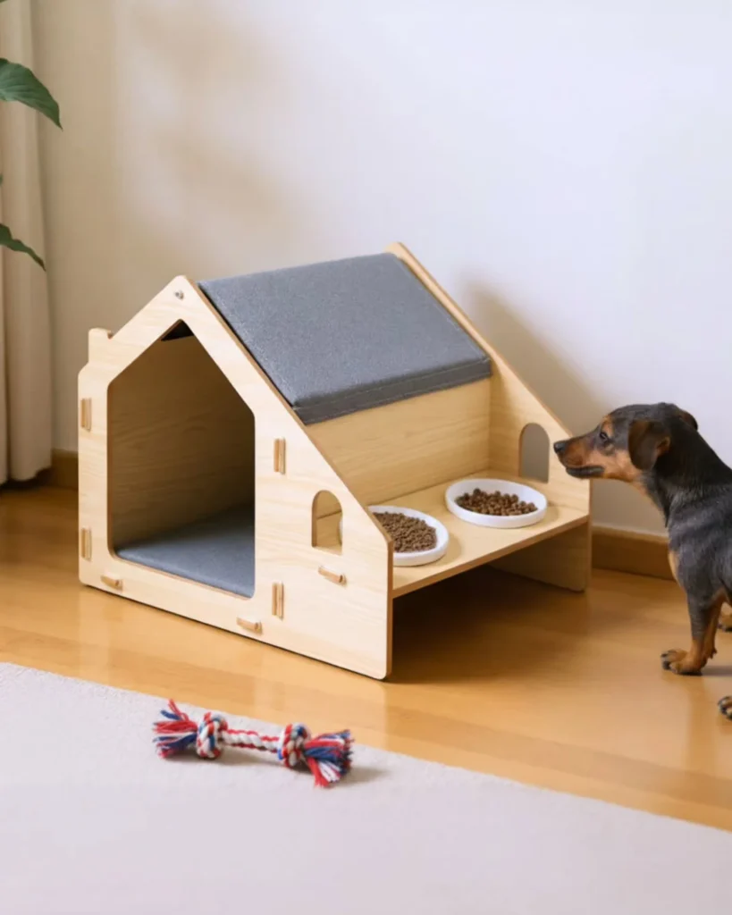 A frame luxury dog house with built in feeding station