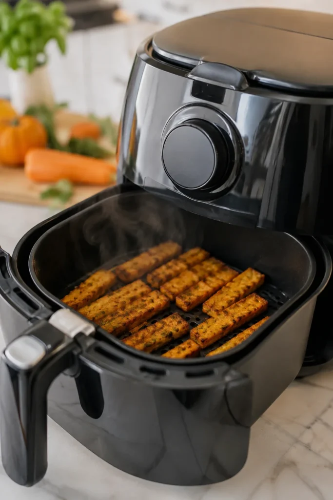 Air fryer basket filled with carrot pumpkin chew sticks for dogs