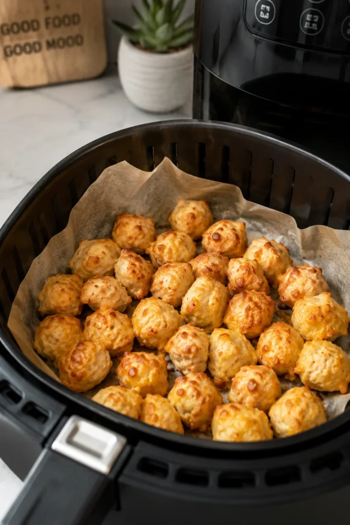 Air fryer cheesy chicken dog treat bites in a bowl