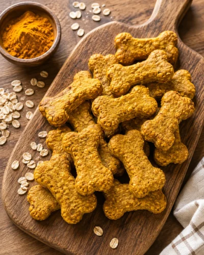 Homemade anti-inflammatory dog treats shaped like bones on a rustic plate