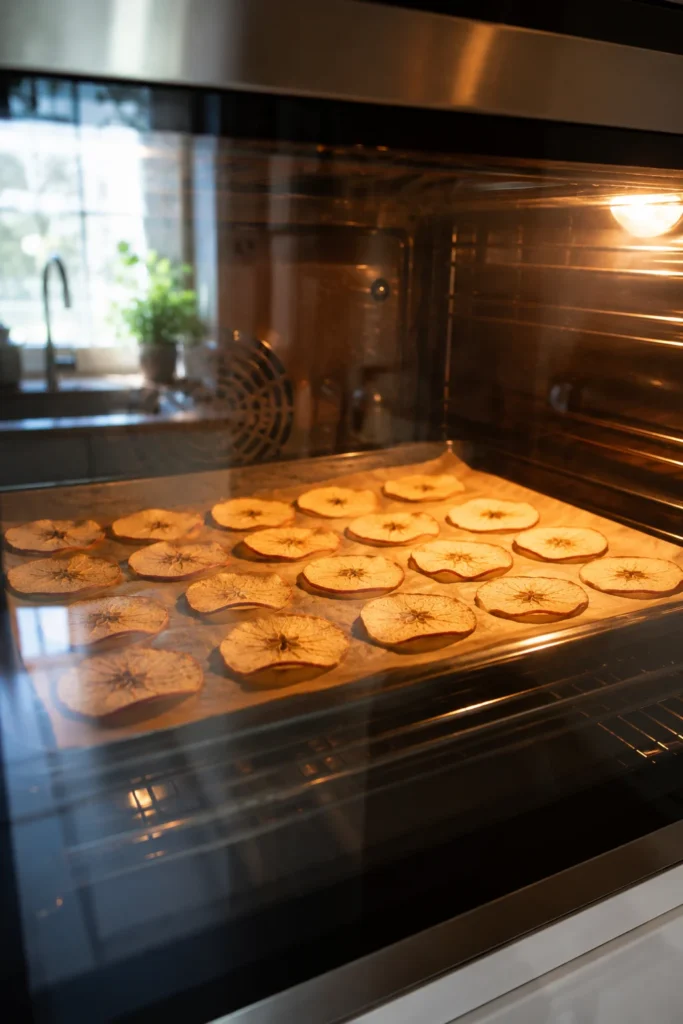Baked apple chips for dogs being slow-baked in an oven