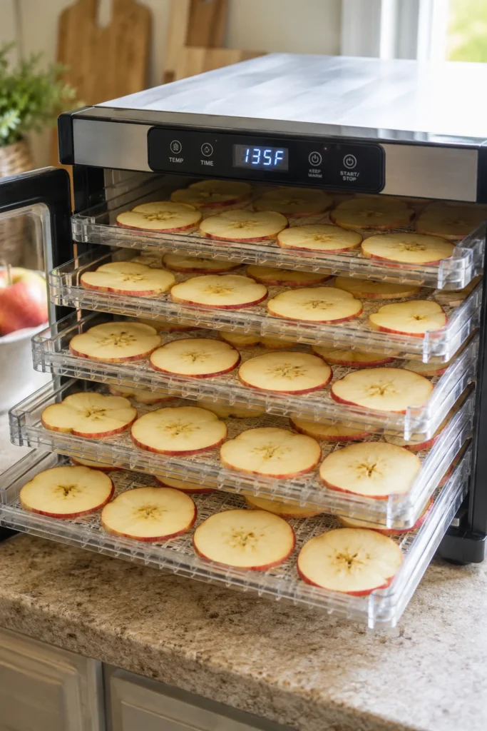 Apple slices drying in a dehydrator for dog treats