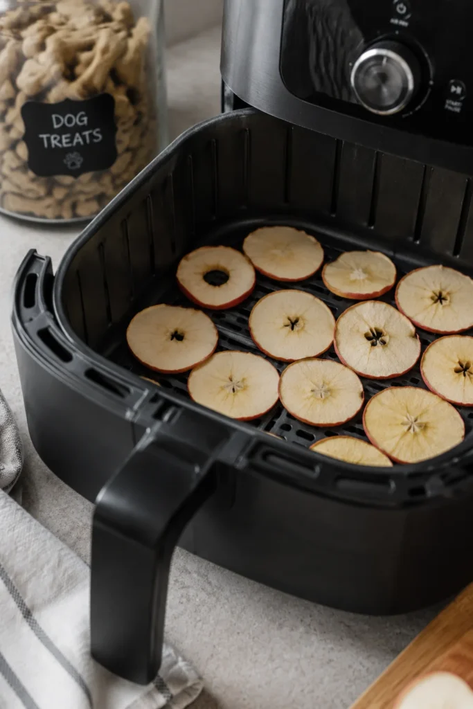 Apple slices cooking in an air fryer for dog treats