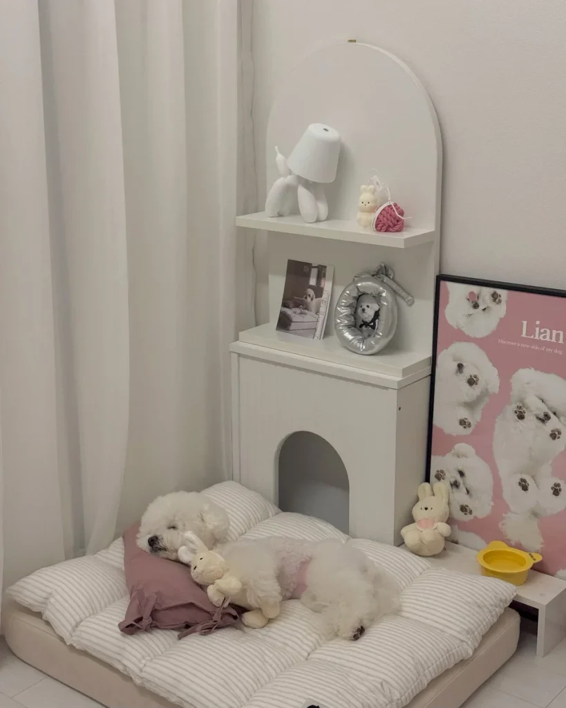 Arched built in dog bed nook with styled shelf in daylight