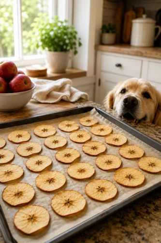 Freshly baked apple chips for dogs cooling on a tray