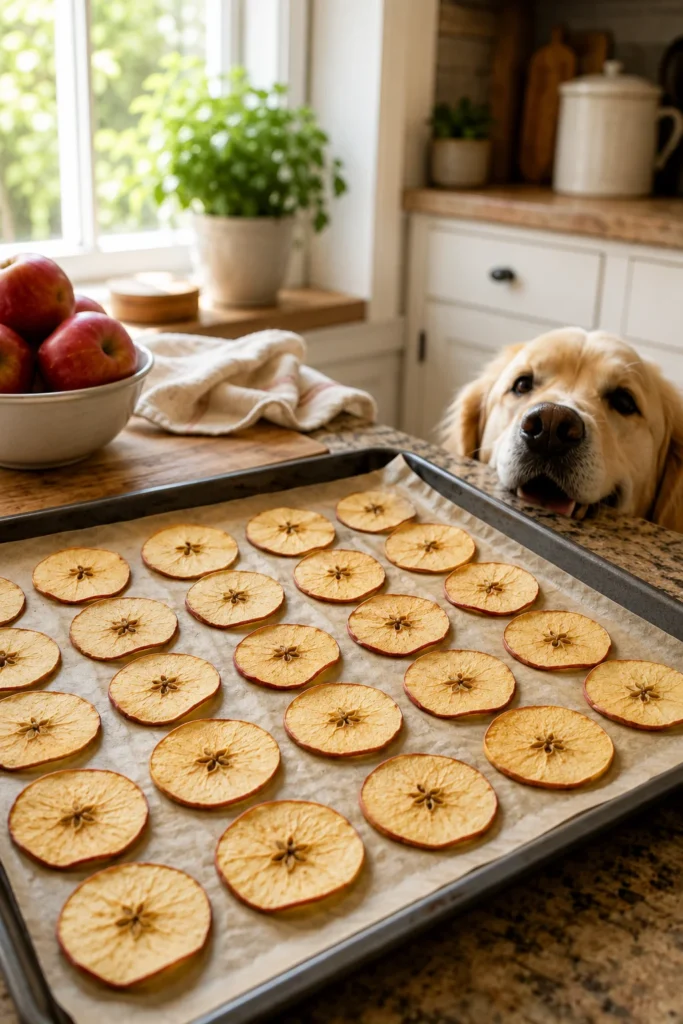 Freshly baked apple chips for dogs cooling on a tray