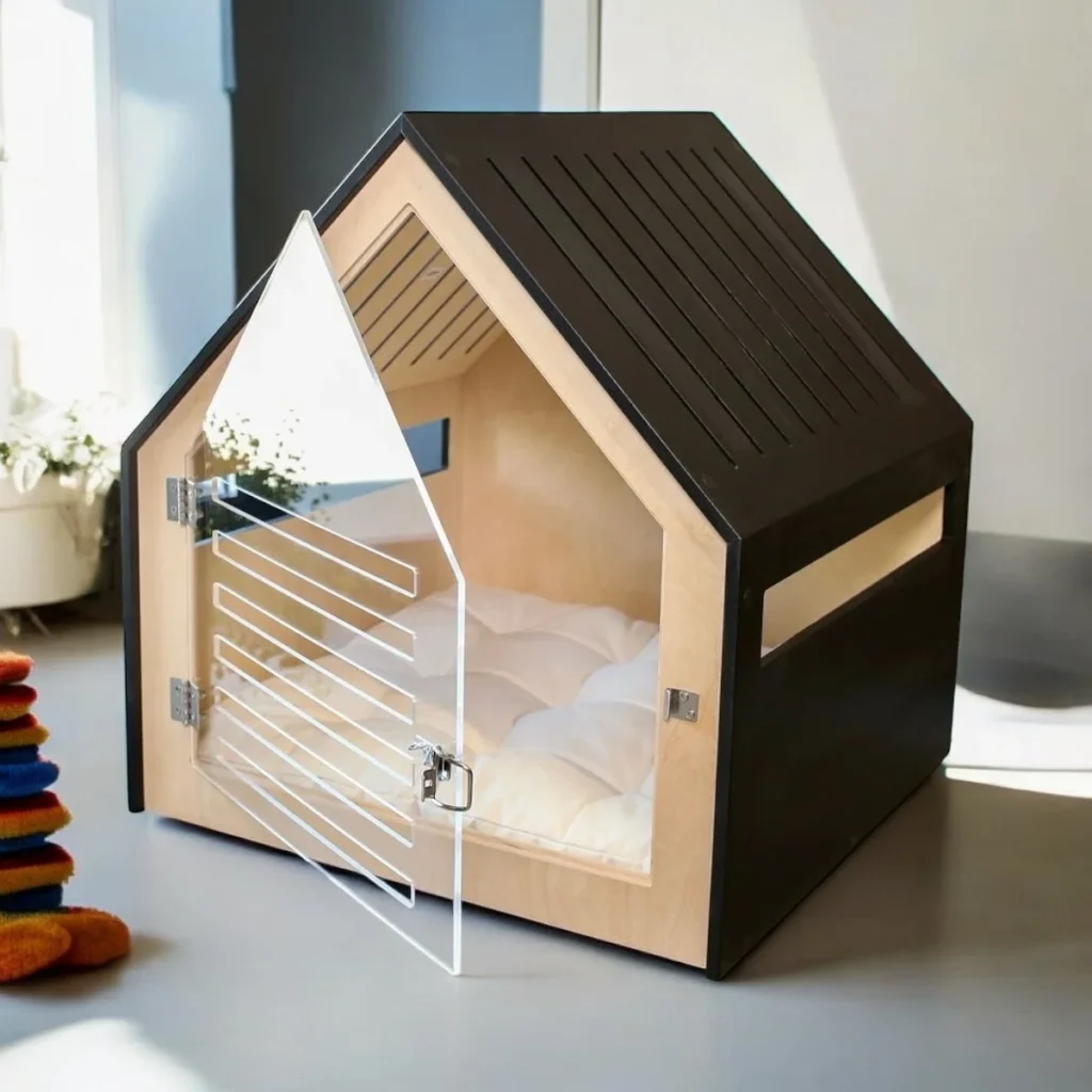 Black and birch modern dog house with acrylic door