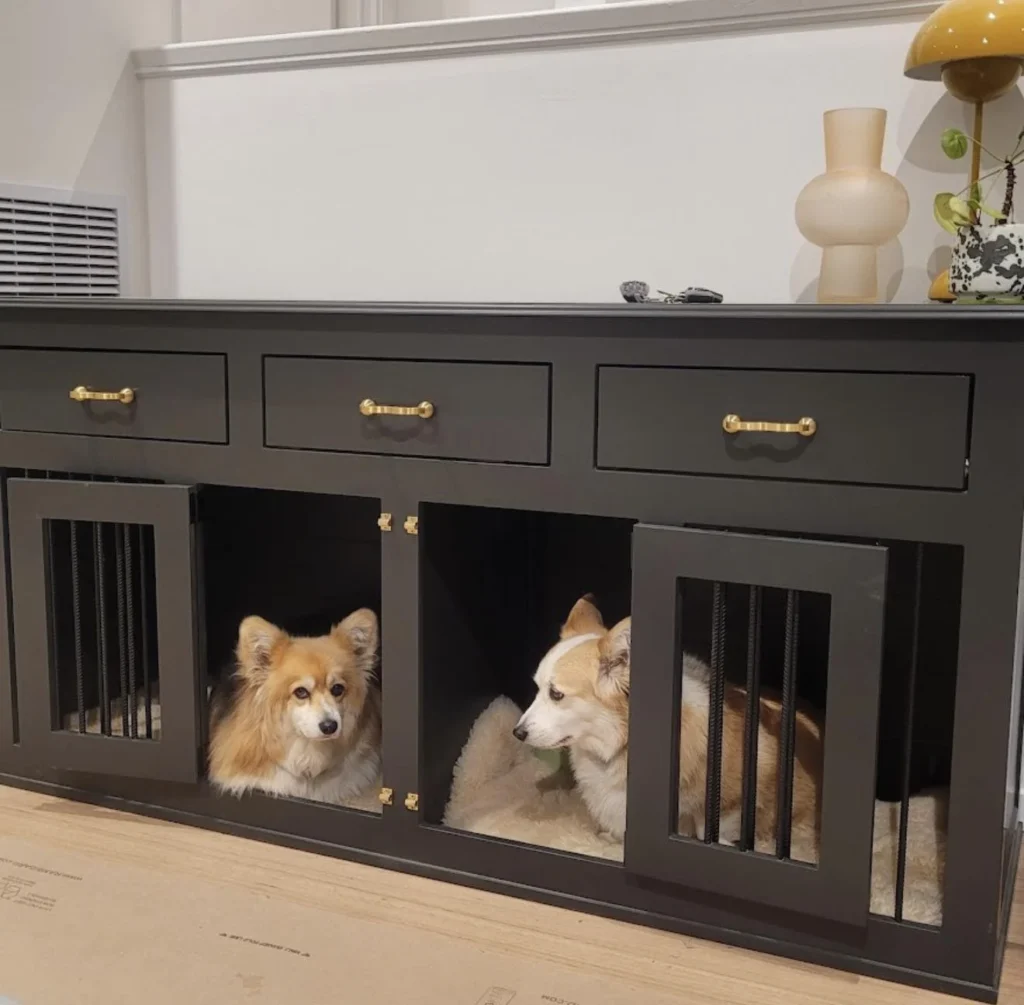 Built-in indoor double dog house cabinet with drawers