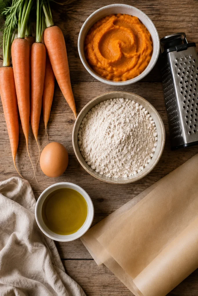 Ingredients and tools for making carrot pumpkin chews for dogs