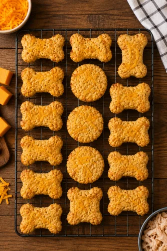 Cheesy Chicken Dog Treat Recipe biscuits cooling on a wire rack