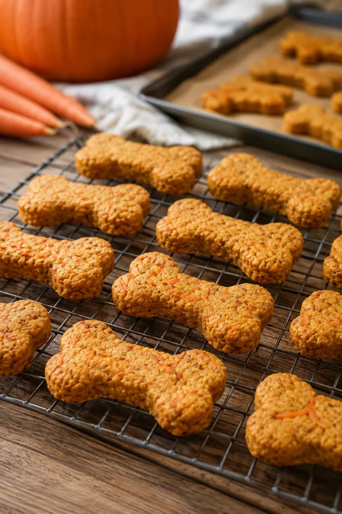 Freshly baked carrot pumpkin chews for dogs cooling on a wire rack