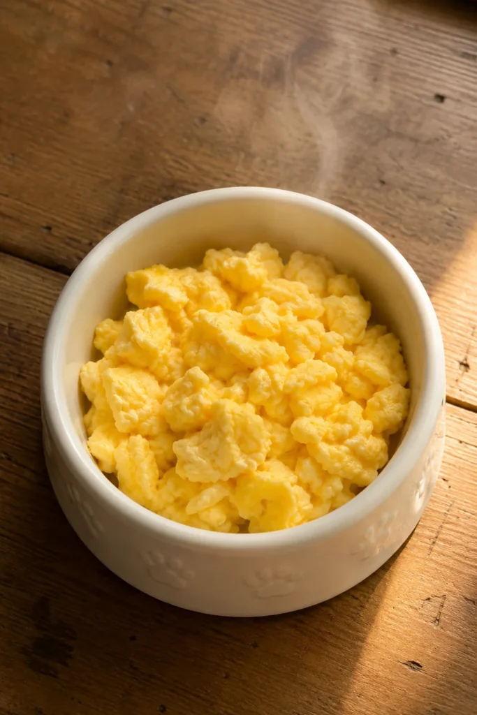 Plain scrambled egg dog food idea in a ceramic bowl