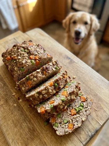 Turkey Meatloaf for Dogs Recipe sliced loaf on wooden board