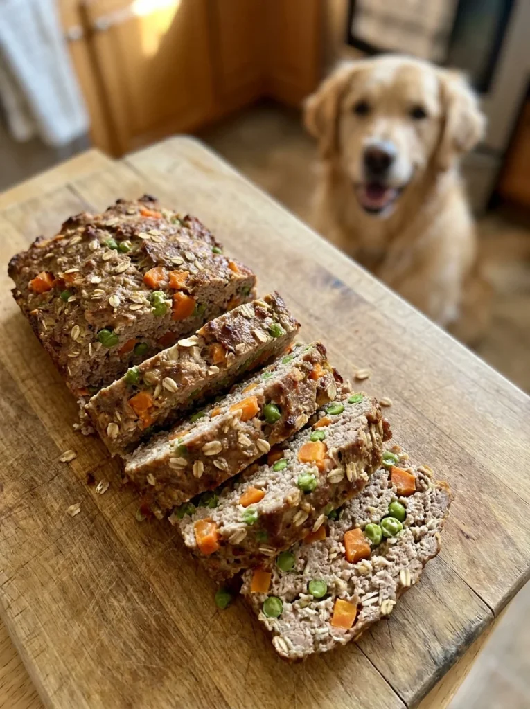 Turkey Meatloaf for Dogs Recipe sliced loaf on wooden board