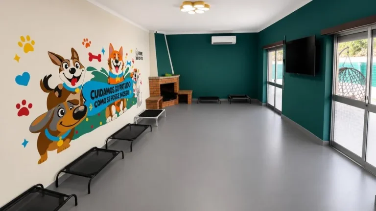Dog daycare ideas indoor lounge with mural wall and raised cot beds