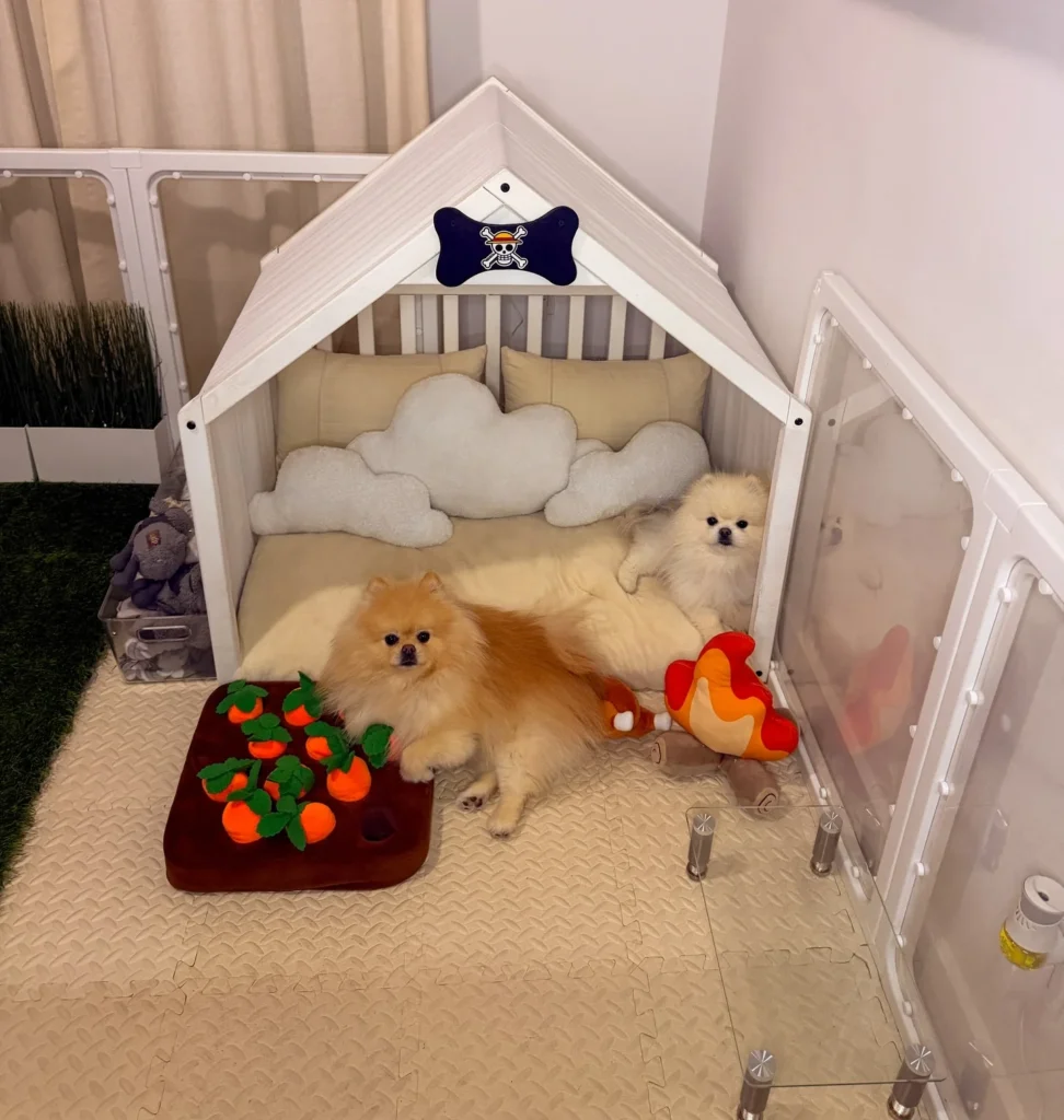 Crib style dog bed with cloud shaped cushions
