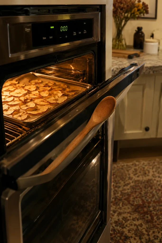 Baked apple chips for dogs cooling in a warm oven