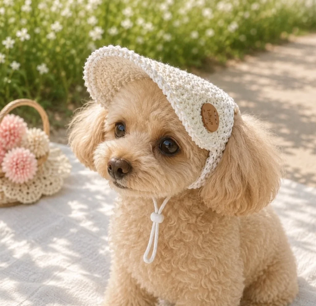 Crochet visor cap with chin tie for small dogs