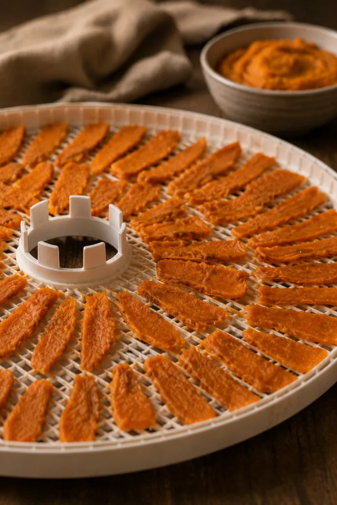 Dehydrated carrot pumpkin chew sticks for dogs on a dehydrator tray