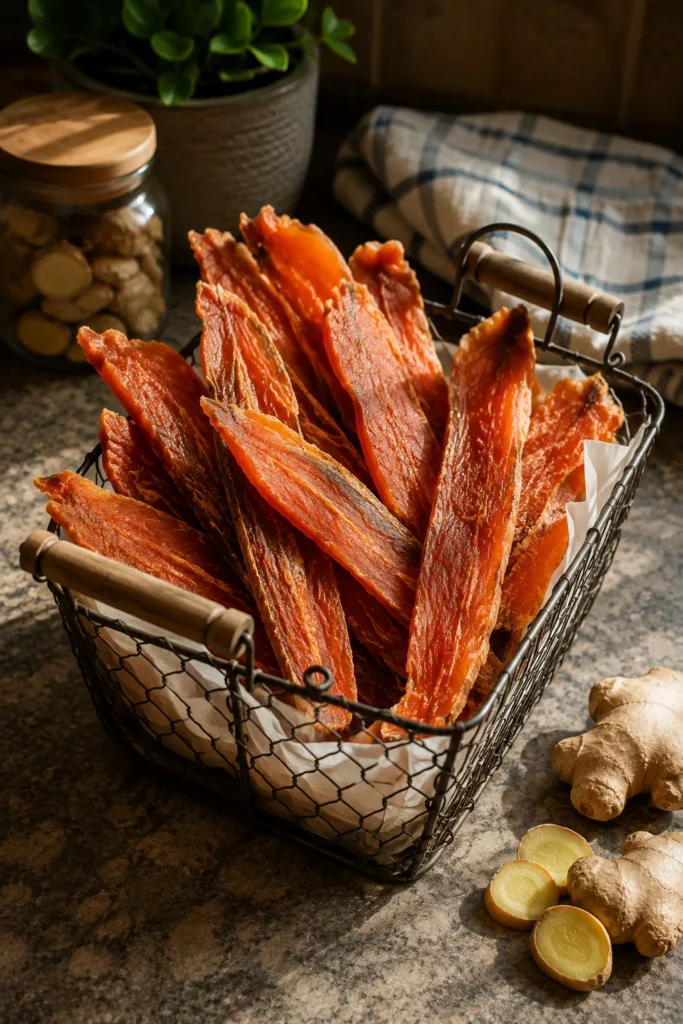 Dehydrated salmon ginger chews for dogs in a small basket