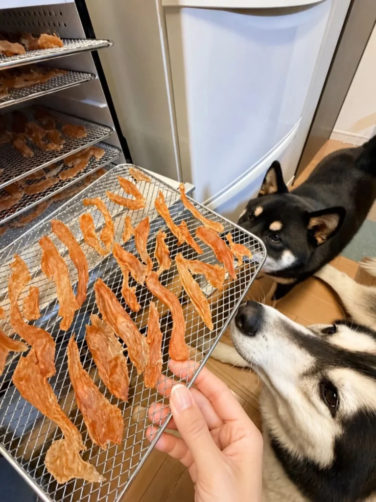Dehydrated chicken jerky strips made as homemade dog chews for dogs