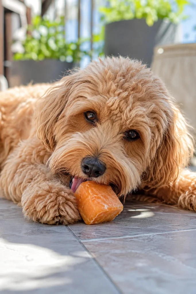 Dog cooling off with a frozen carrot pumpkin chew treat outdoors