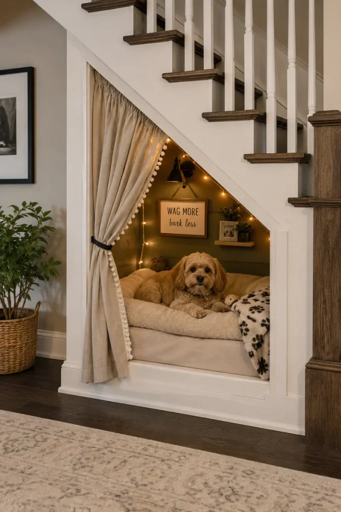 small space dog room decor under stairs