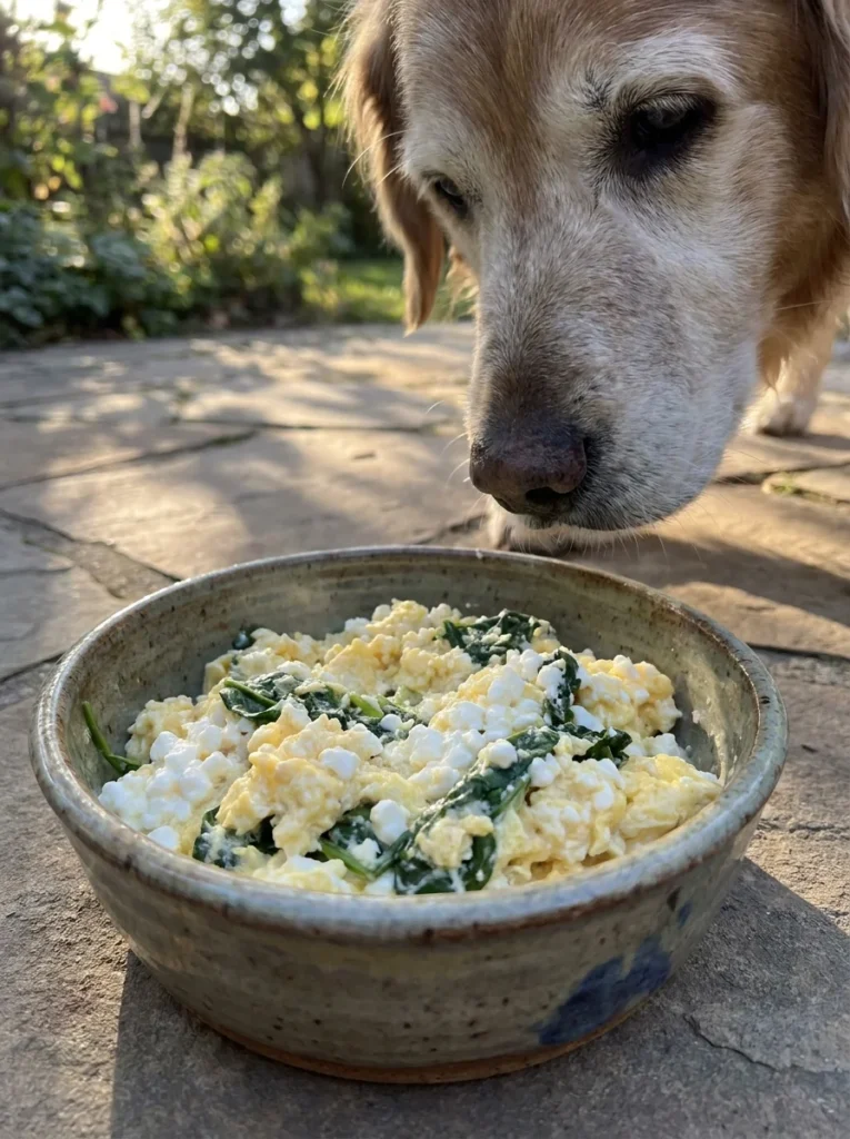 Egg cottage cheese and spinach scramble for senior dogs