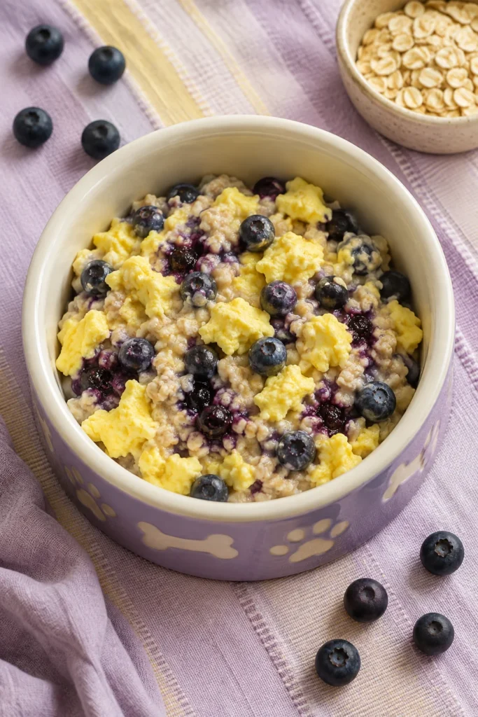 Egg oatmeal and blueberry breakfast bowl for senior dogs